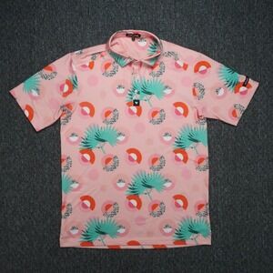 Bad Birdie Shirt Mens Medium Pink Blue Abstract Floral Performance Polo